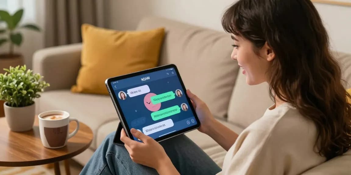 Engaging woman using tablet for ai spicy chat, cozy ambiance with warm lighting and personal touches.