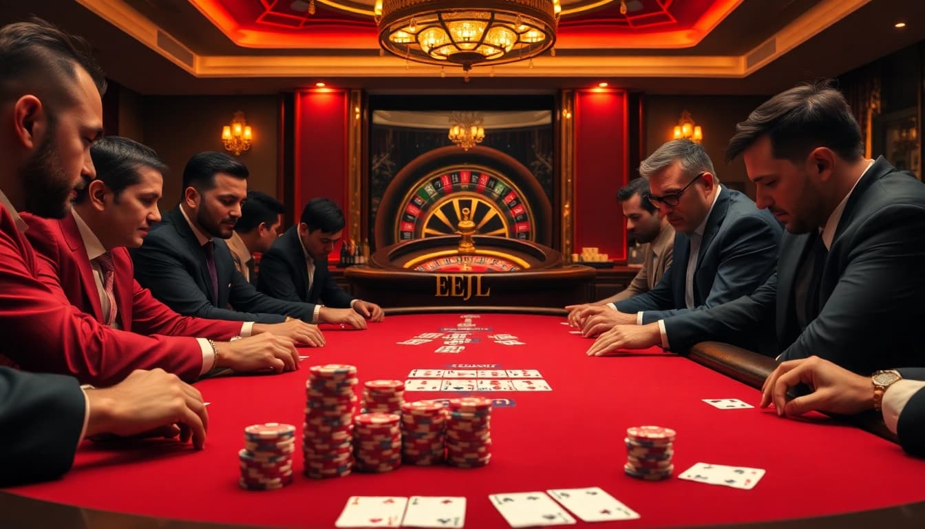 EEJL poker players engaged in high-stakes action at a luxury casino table.