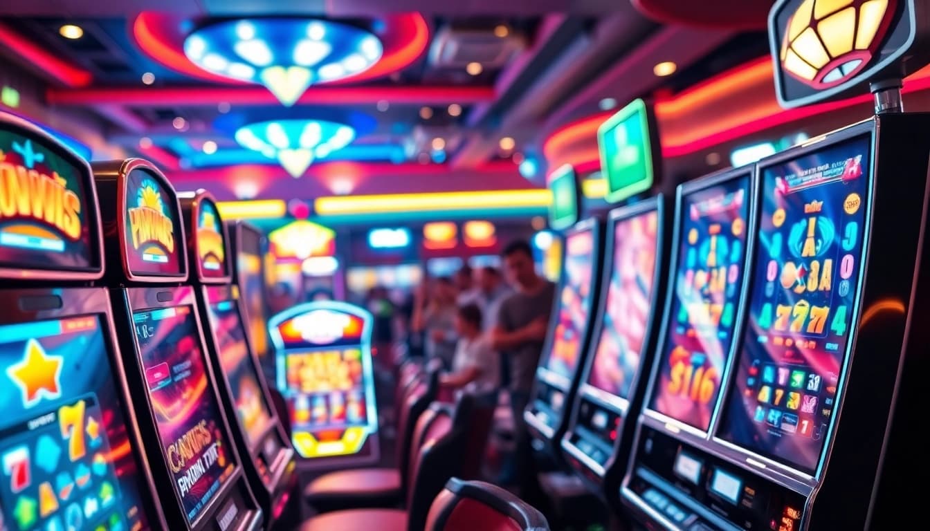 Menggunakan Slot Game di mesin slot yang berkilauan dengan suasana meriah di kasino.