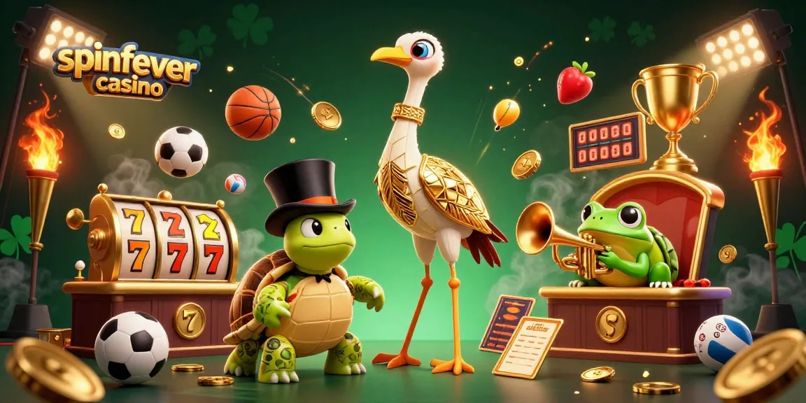 Spinfever casino showcases vibrant slot reels and 3D characters in a thrilling gaming scene.