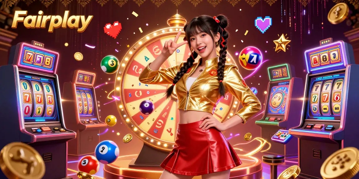 Engage in Fairplay's vibrant gaming world filled with lively slot machines and colorful prizes.