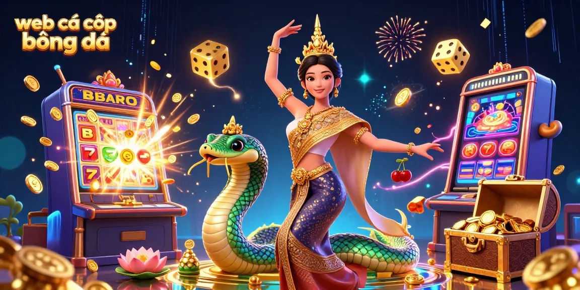 Bet on web cá cược bóng đá with dynamic illustrations of slot machines, gold coins, and vibrant characters.