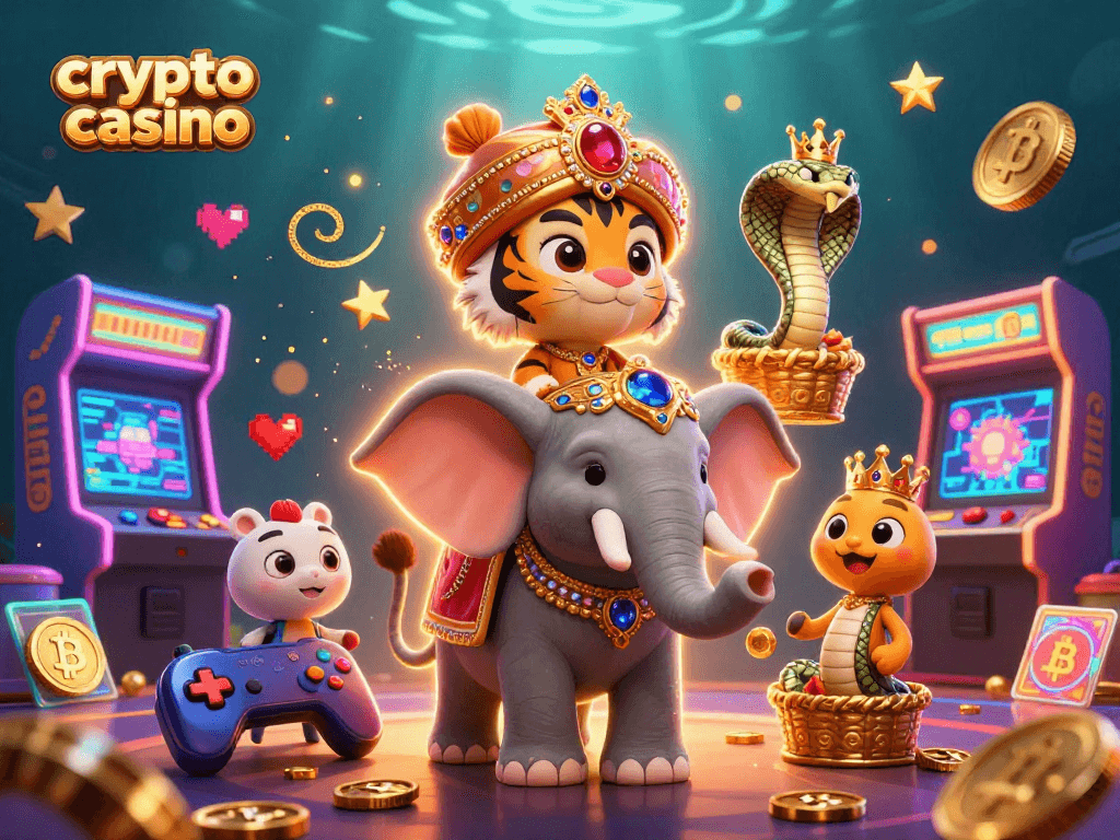 Engage with the vibrant crypto casino world, featuring a maharaja tiger, jewel-encrusted elephant, and blockchain elements.