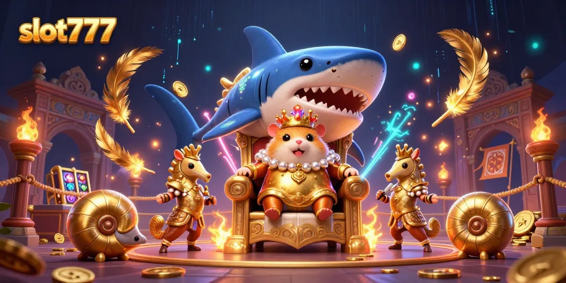 Menangkan permainan dengan slot777, melihat raja hamster emas di tahta gigi megalodon, dikelilingi slot dan koin emas.