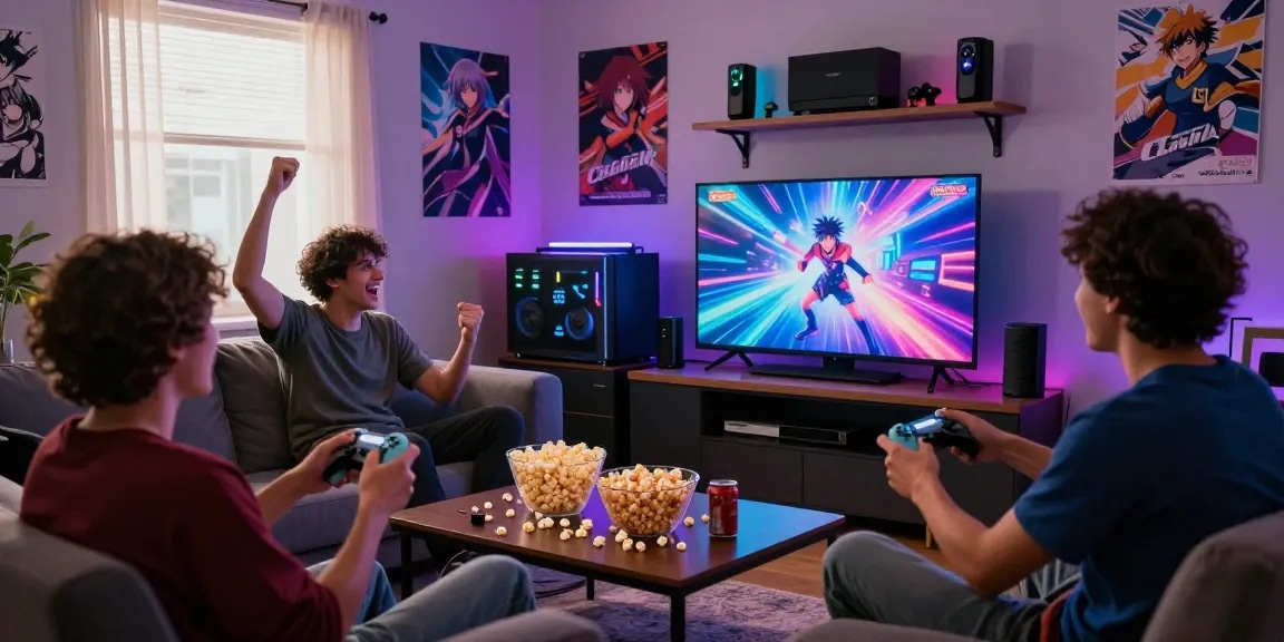 Players enjoying ecchi games in a cozy living room, showcasing excitement and camaraderie with colorful decor.