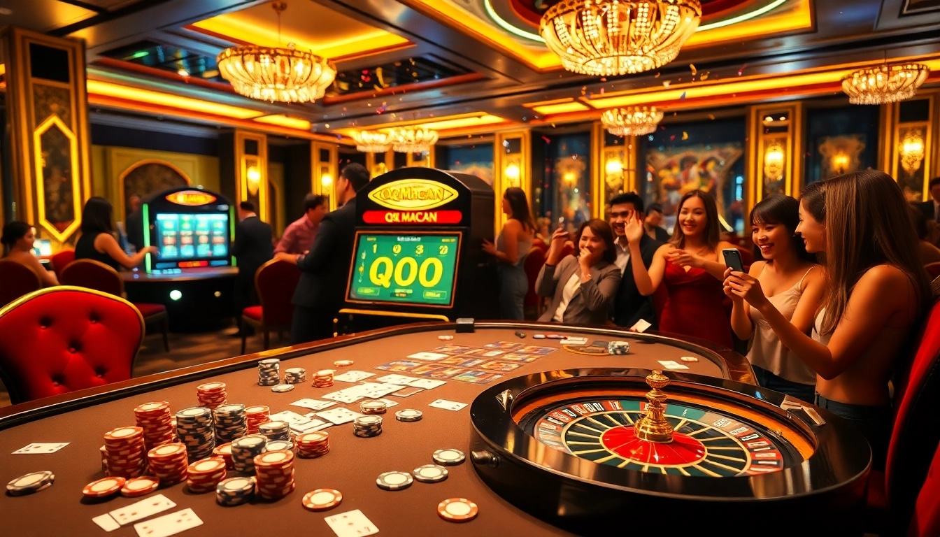 Players enjoying thrilling gameplay at QQMacan's luxurious slot machine in a vibrant casino atmosphere.