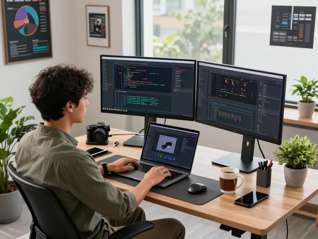 Dynamic workspace showcasing a developer using OpenClaw for productivity with multiple screens and modern setup.