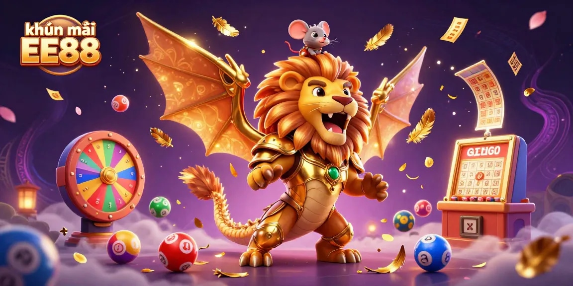 Experience the exciting khuyến mãi EE88 with vibrant lottery elements and a triumphant chimera in action.