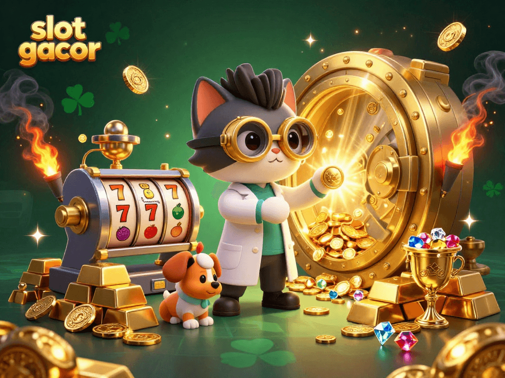 Engage with slot gacor strategies through a vibrant 3D illustration of a mad scientist cat and dog in an exciting casino scene.