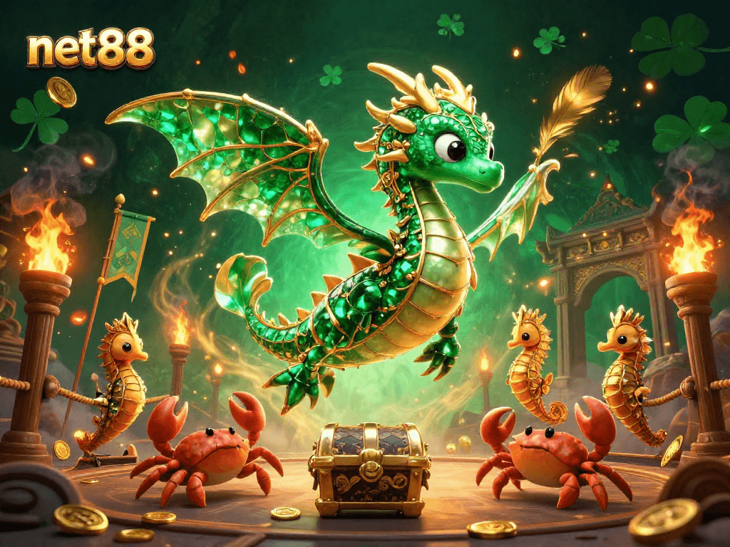 Experience luxury and adventure with net88 as a 3D sea dragon and treasures collide in this vibrant casino scene.