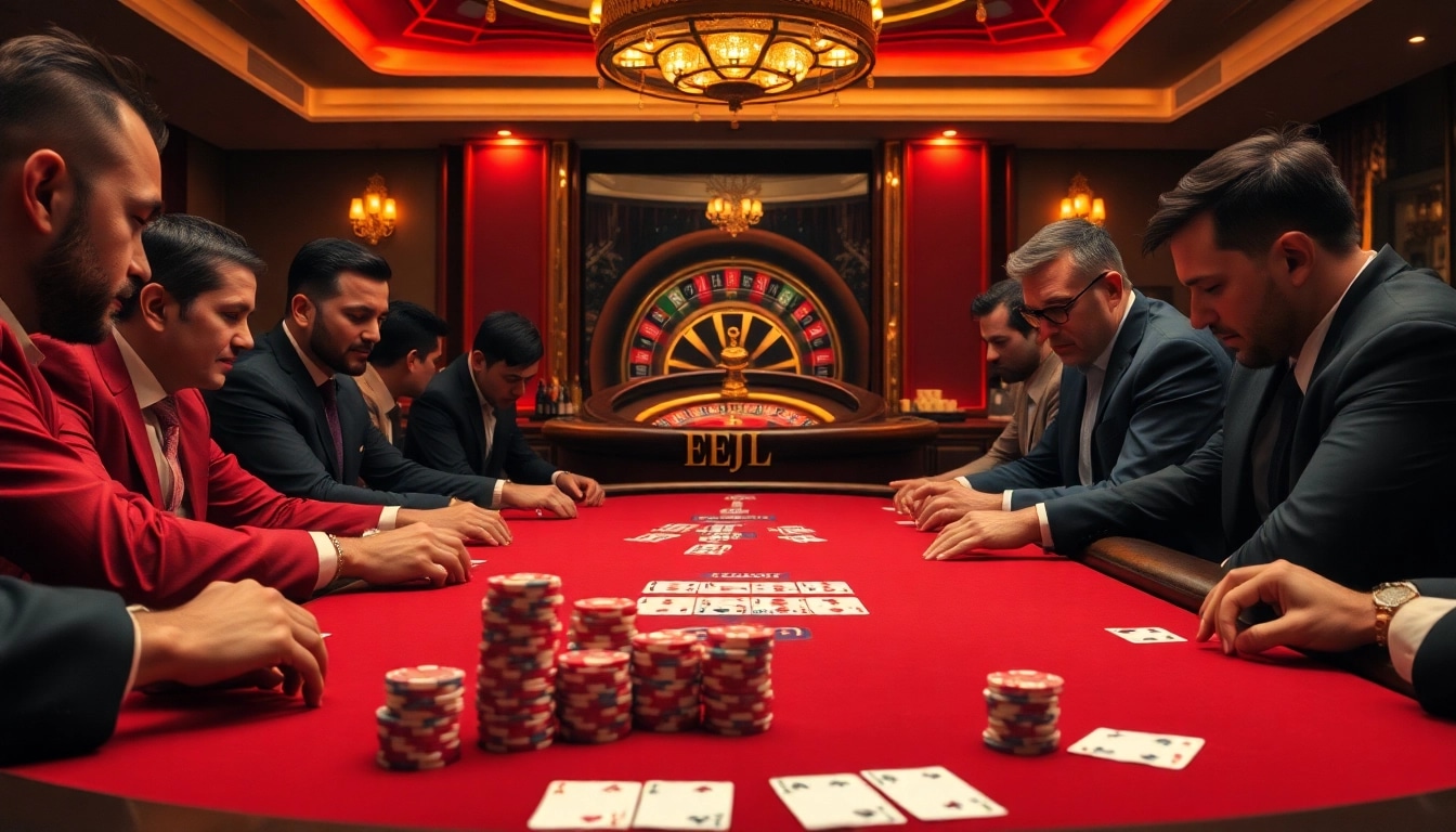 EEJL poker players engaged in high-stakes action at a luxury casino table.