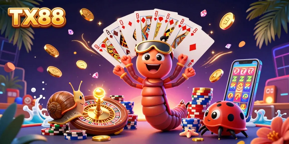 Experience TX88's thrilling casino excitement with a cartoon millipede dealer and vibrant game elements.