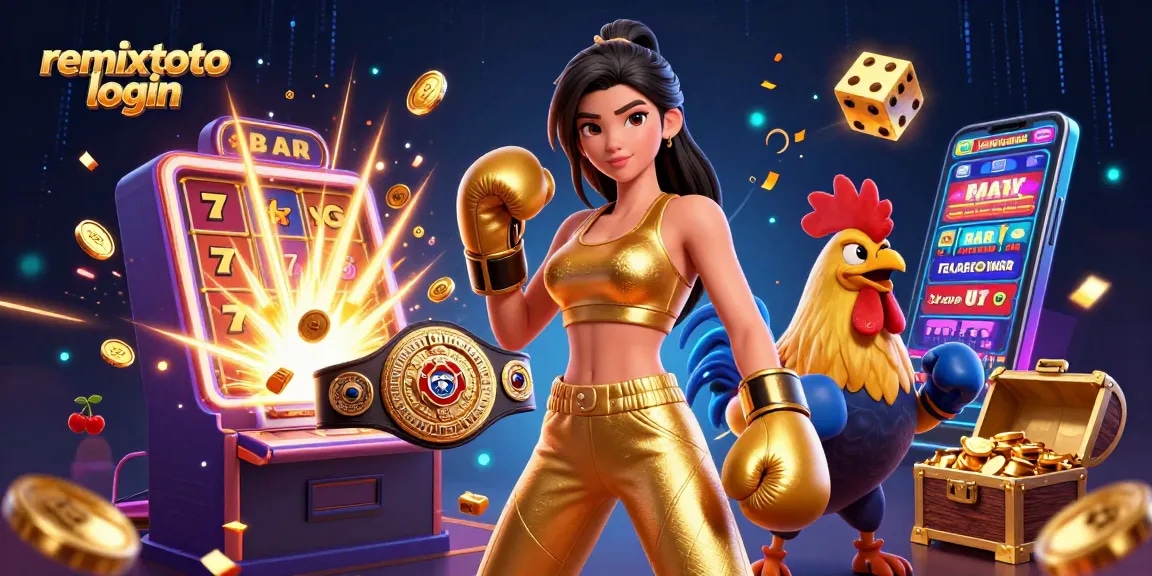 Experience remixtoto login excitement with a dynamic 3D casino illustration showcasing vibrant gaming elements.
