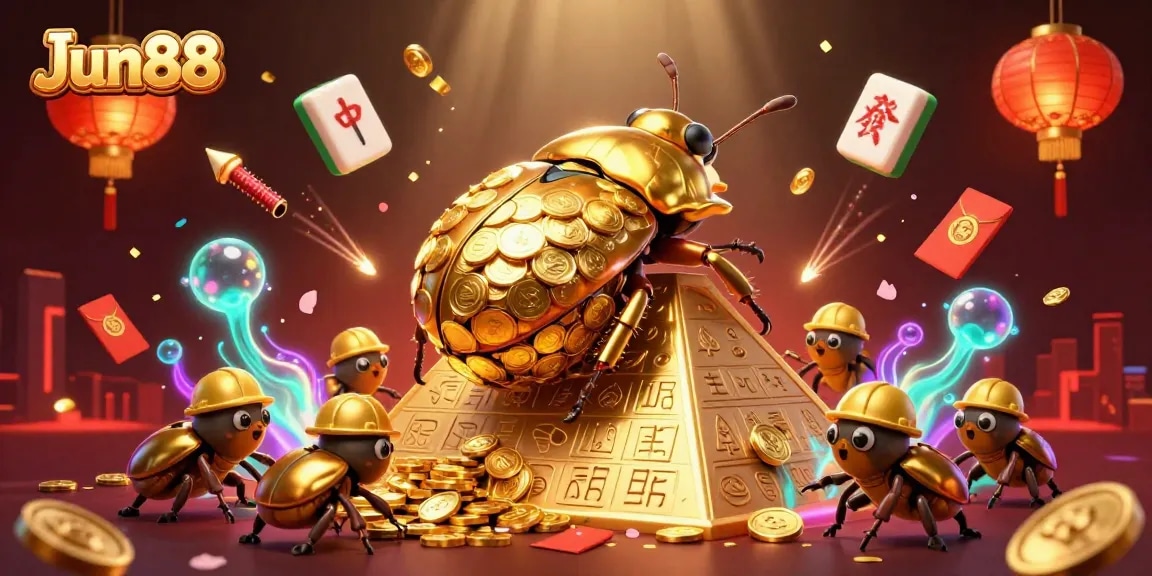 Engage with Jun88's thrilling casino adventures as a massive golden beetle rolls gold coins!