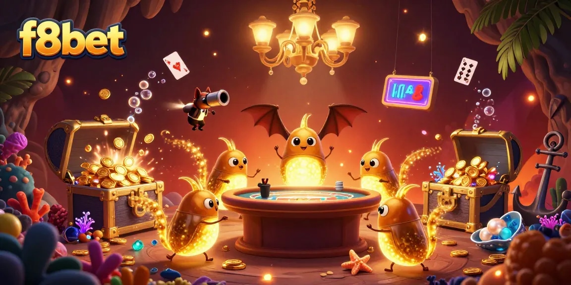 Join the vibrant f8bet team of glowworms in a dynamic cave casino adventure, featuring gaming treasures and colorful elements.