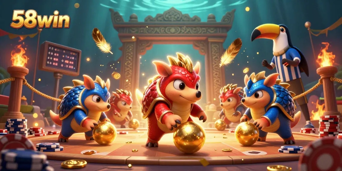 Experience thrilling gameplay at 58win with pangolins and poker chips in a captivating digital casino scene.