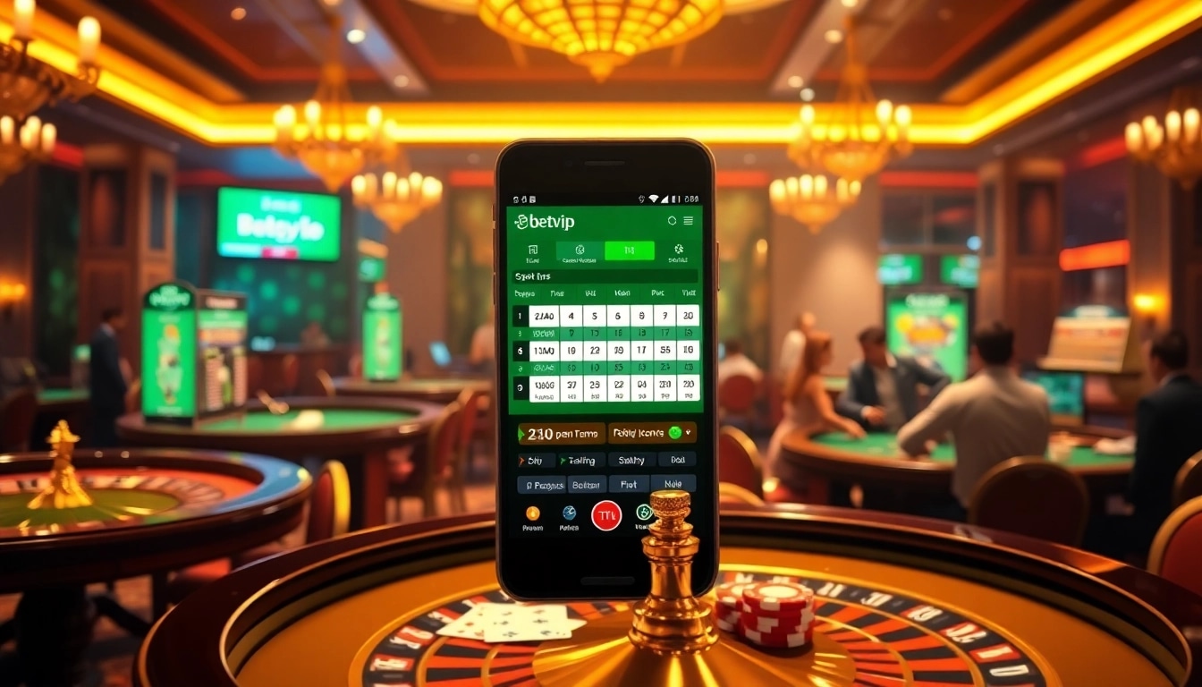 Trải nghiệm sự hứng khởi khi đặt cược với ứng dụng BetVIP trong một khu casino sang trọng.