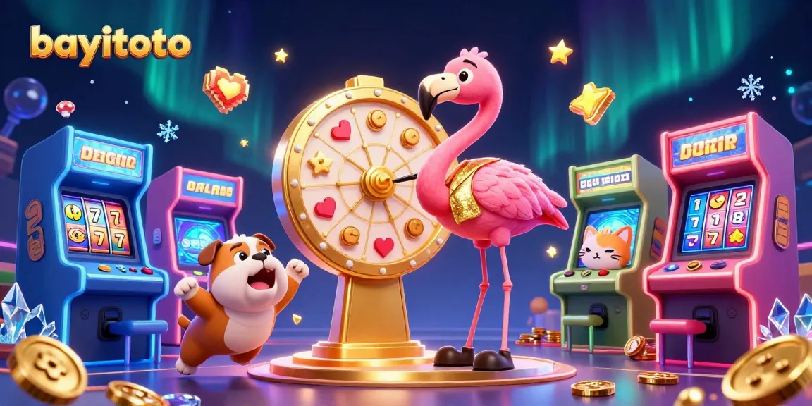 Engage with bayitoto's vibrant gaming experience featuring a flamingo game show host, bulldog contestant, and exciting slot elements.