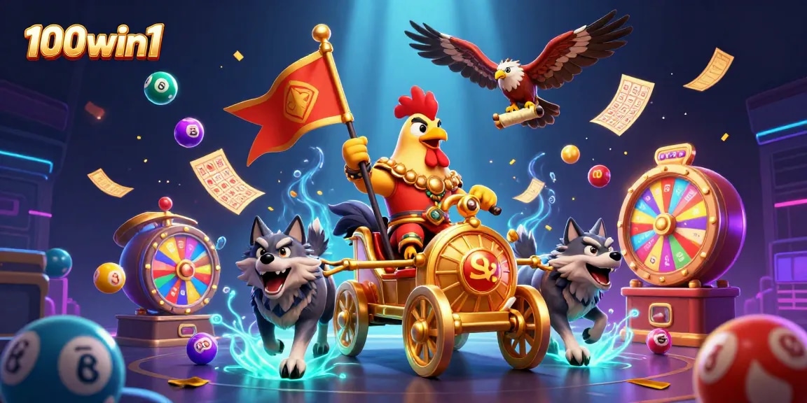 Experience vibrant gameplay with 100win1, featuring a cartoon warlord, lottery elements, and dynamic visuals.