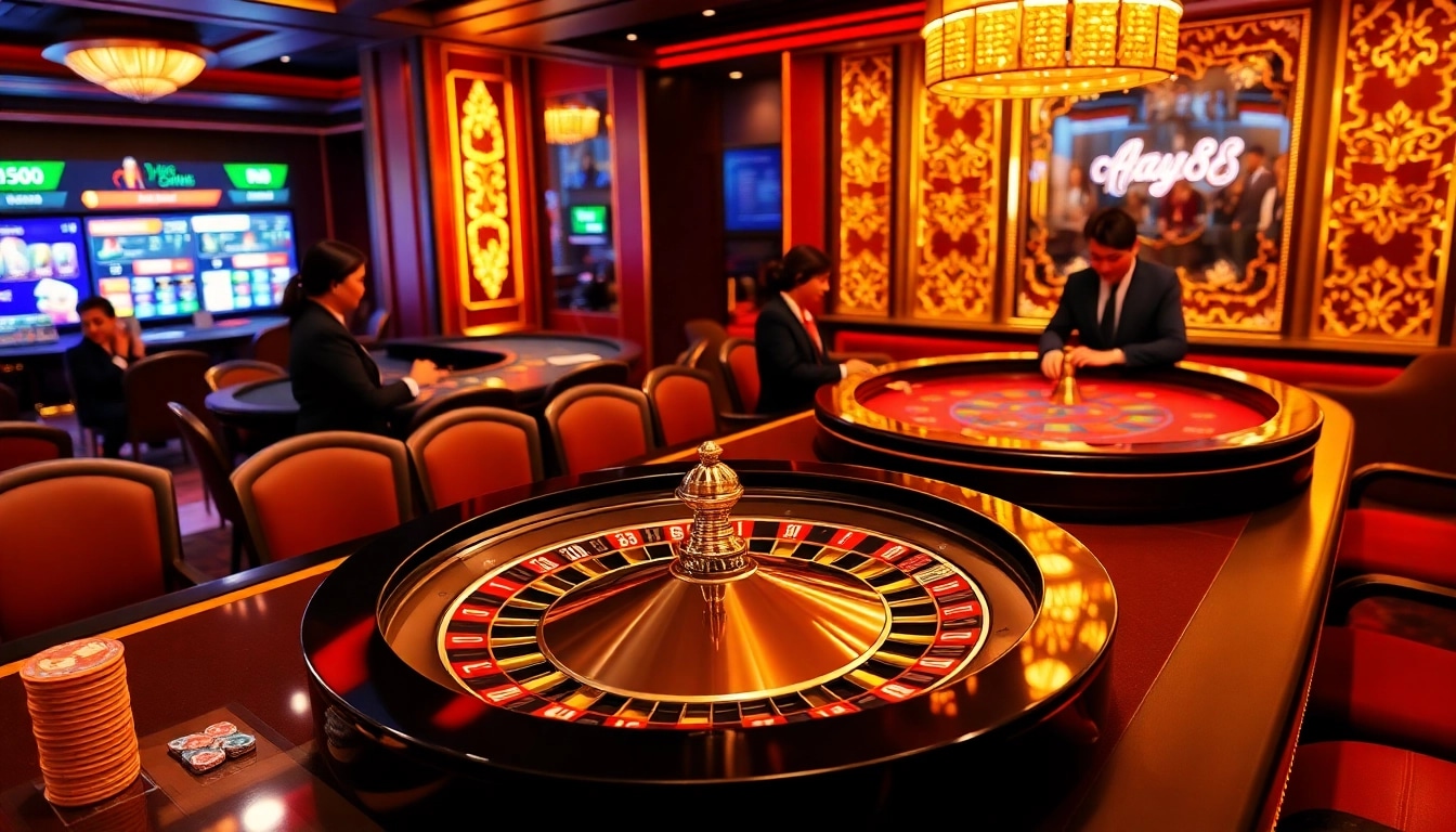 Engaging casino atmosphere with hay88 branding, showcasing lively gameplay at poker and roulette tables.