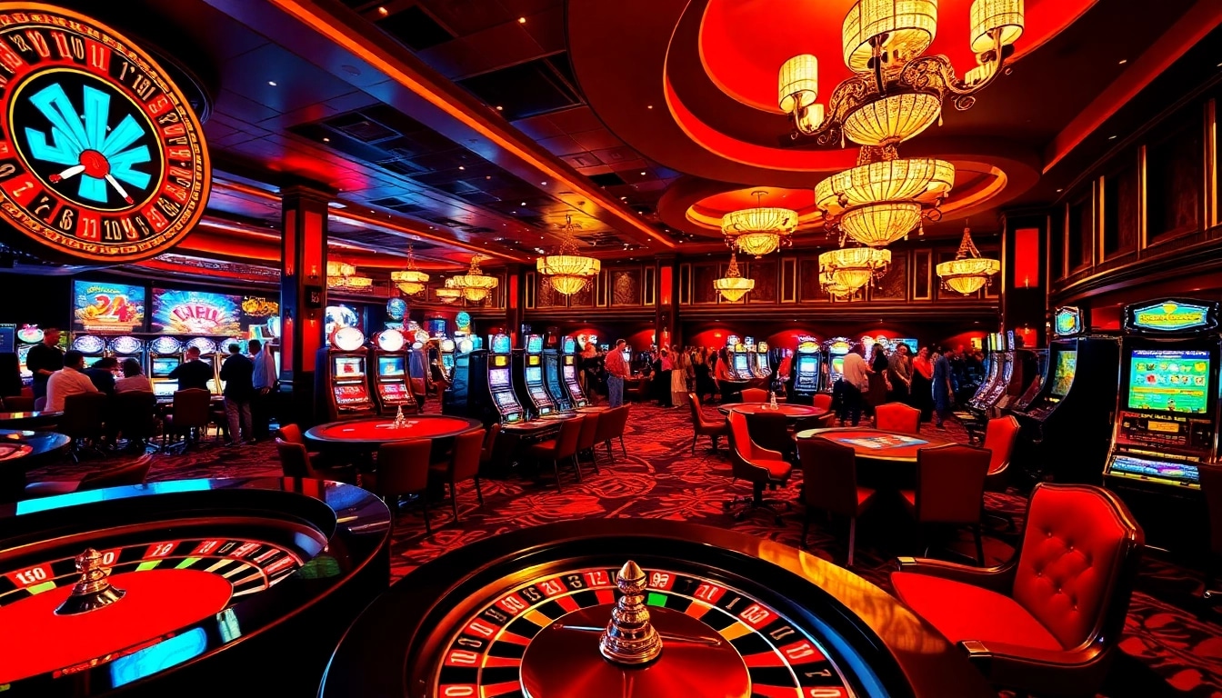 EEJL gaming scene with vibrant tables, roulette, and excited players enjoying their bets.