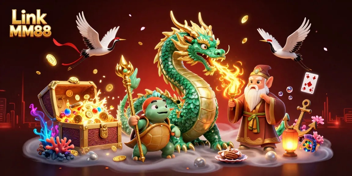 Play and win with Link MM88; illustrated scene featuring a jade dragon and golden treasures.