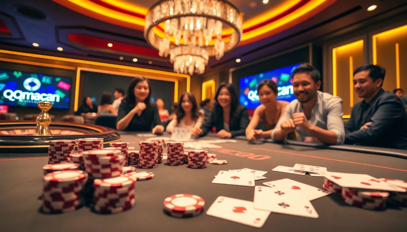 Excited players enjoying a game at the luxurious QQMACAN casino with poker chips and cards in view.