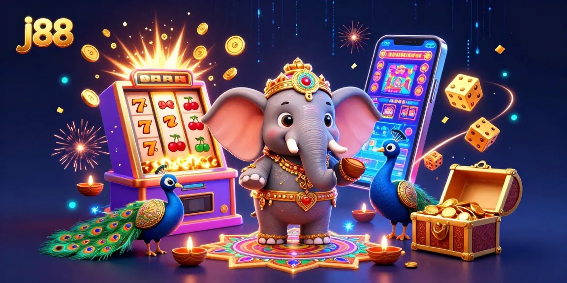 Spin the j88 jackpot with colorful casino symbols and vibrant festive characters!