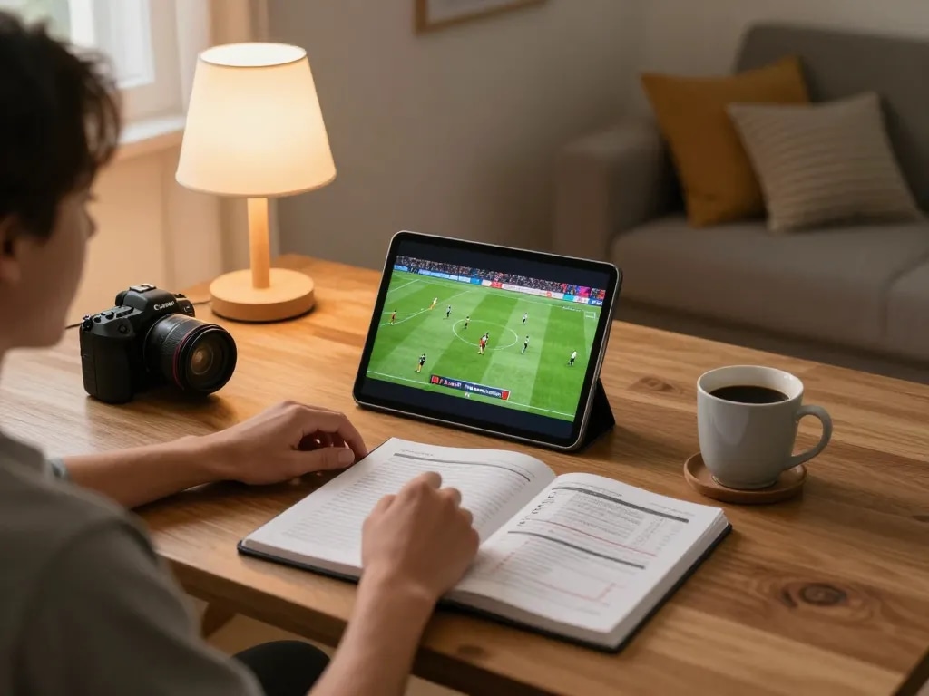 Person enjoying Luongsontv live football matches on a tablet at home, showcasing modern gaming setup