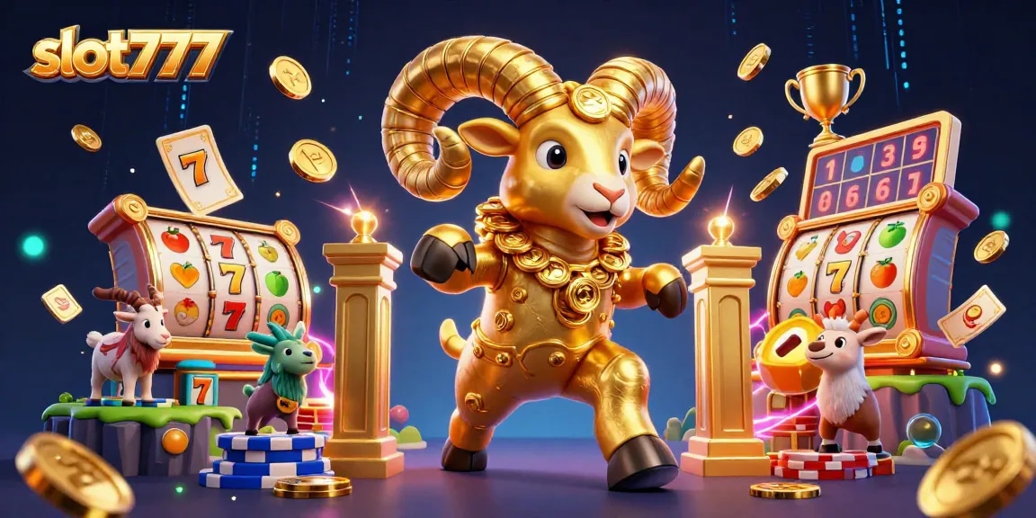 Experience the thrill of slot777 with animated golden ram and vibrant gaming elements.