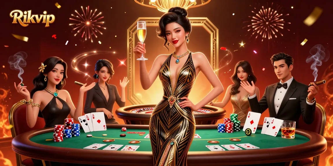 Play and win at Rikvip with this lavish casino scene featuring poker and celebration.