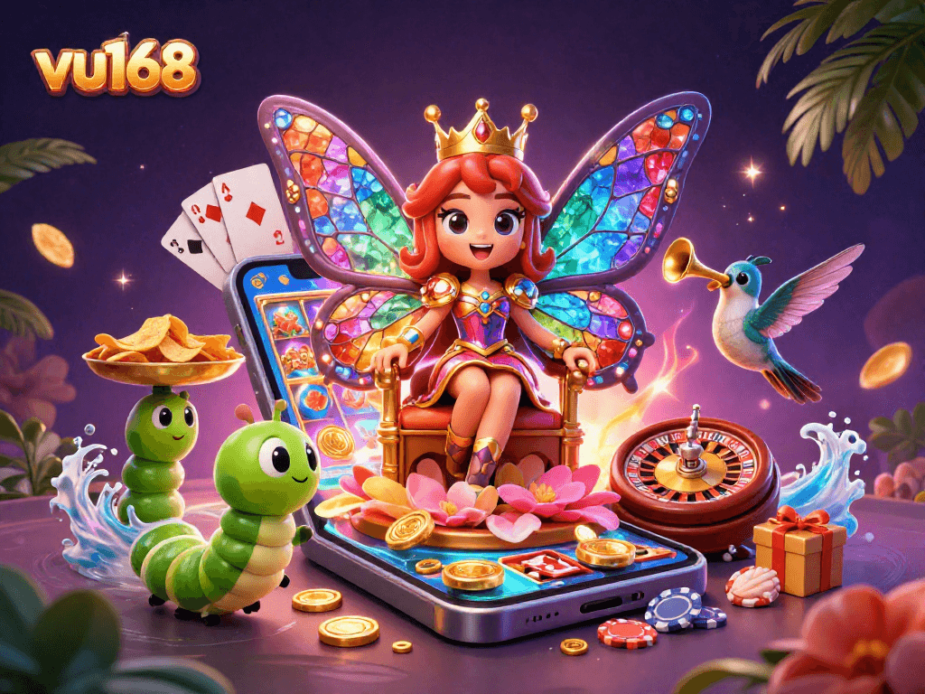 Experience the magic of vu168 with the butterfly queen amidst a vibrant casino scene.