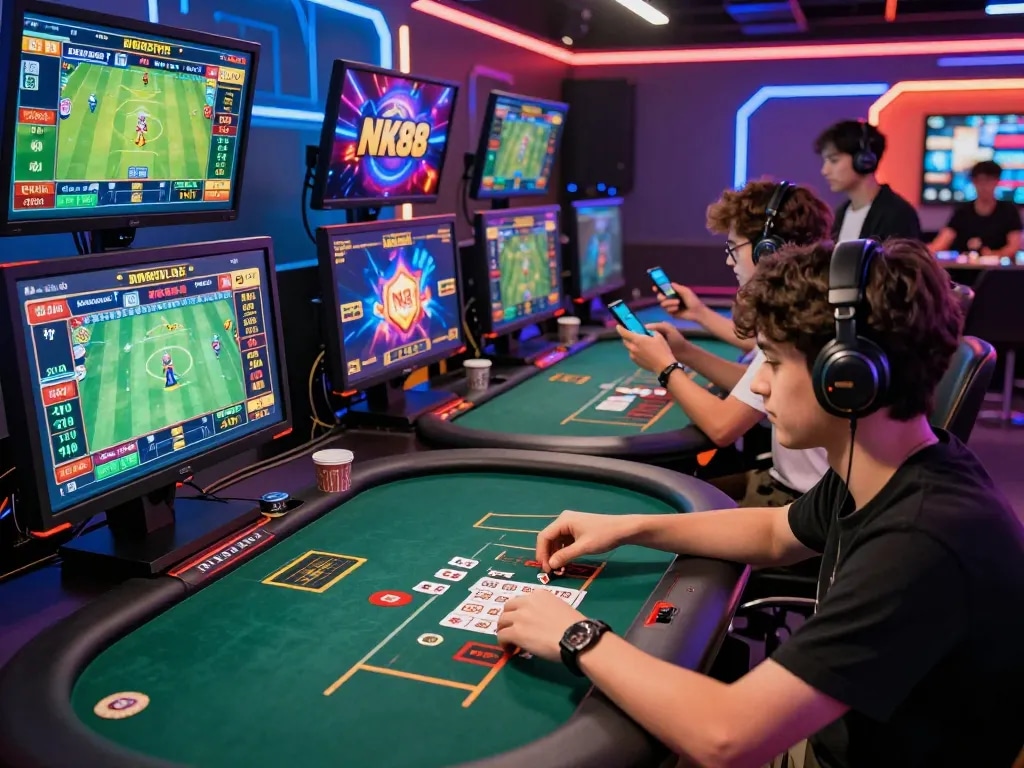 Engaged gamer experiencing NK88's interactive online gambling universe with vibrant visuals