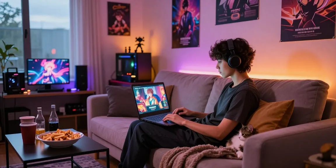Engaging scene of a person playing a hentai game in a cozy living room.