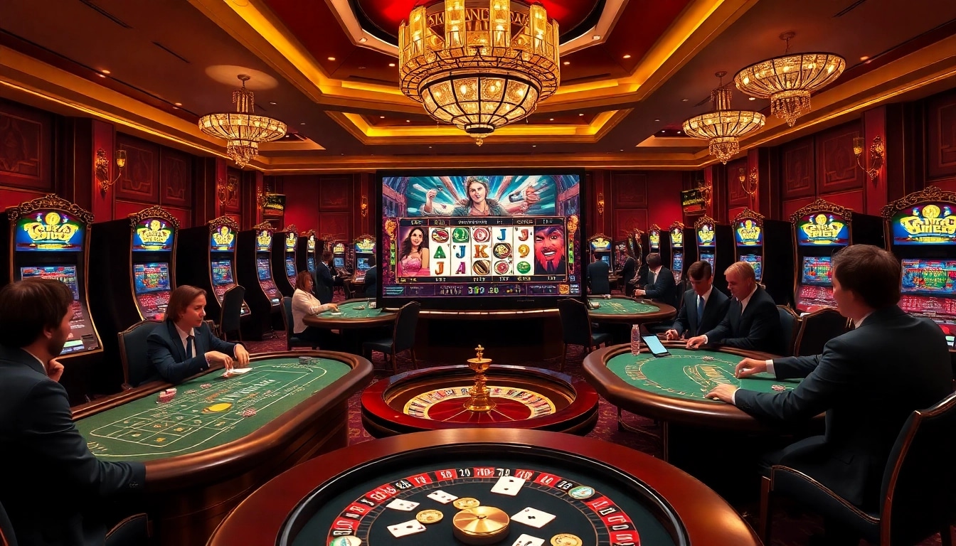 A thrilling Kerajaanslot gaming scene with luxurious slot machines and excited players enjoying their bets.