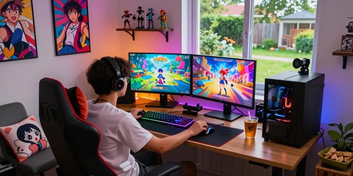 Immersive gaming environment featuring a gamer enjoying a hentai game on dual monitors.