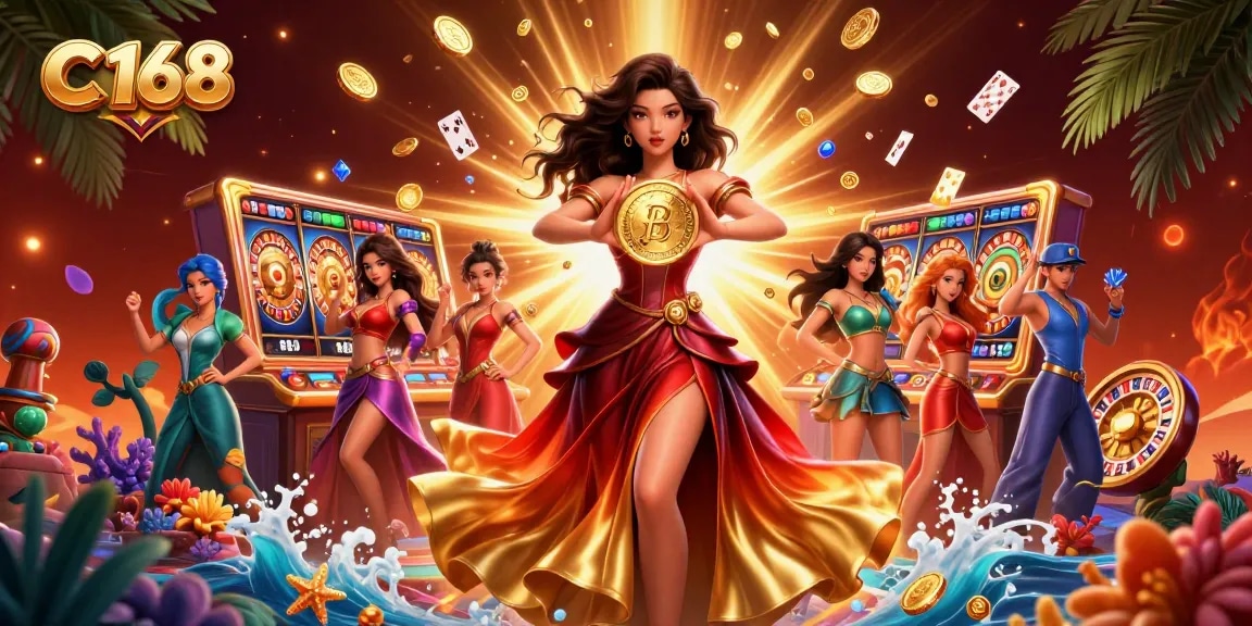 Spin and win at C 168 with vibrant casino elements and dynamic golden coins raining down.