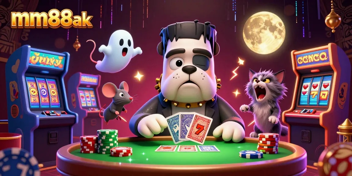 Experience thrilling games at mm88ak with a 3D cartoon Frankenstein bulldog dealer and dynamic casino elements.