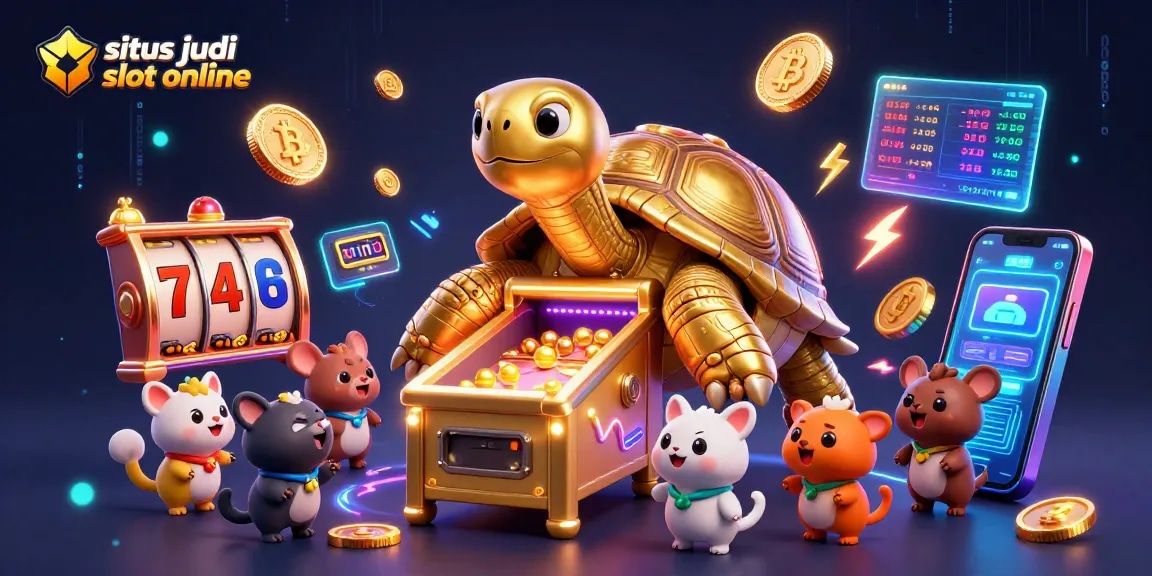 Memainkan situs judi slot online dengan mesin slot interaktif dan simbol keberuntungan, diilustrasikan dengan efek neon.