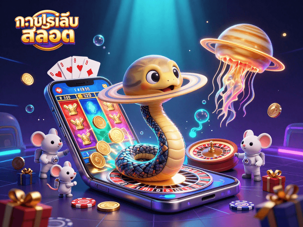 Engage in ทดลองเล่นสล็อต with astronauts betting on Saturn's rings in this vibrant 3D casino scene.