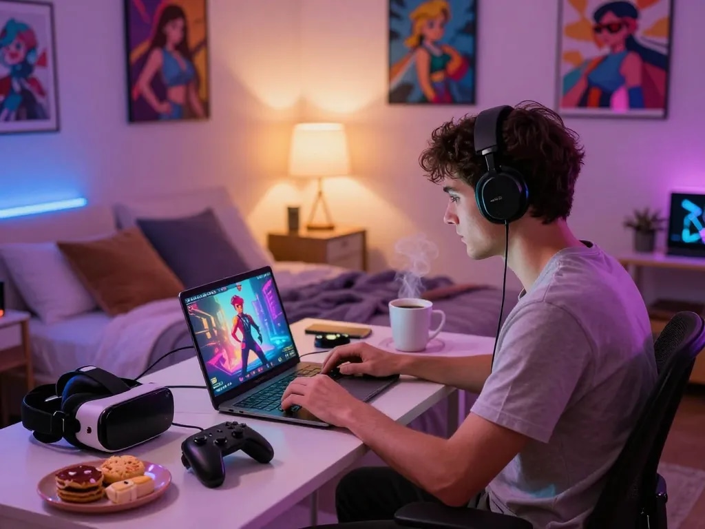 A player enjoying a vibrant sex game experience in a cozy environment with gaming accessories.