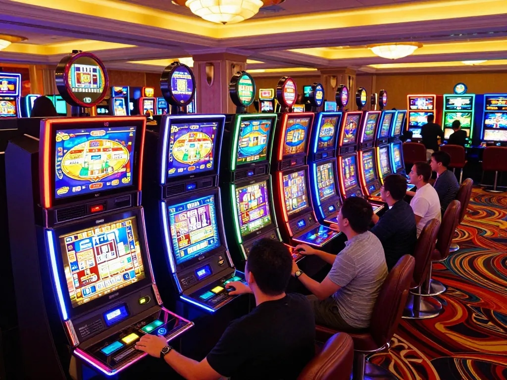 Pemain menikmati permainan slot yang mendebarkan di lingkungan kasino yang hidup dengan mesin yang berwarna-warni dan suasana yang dinamis.