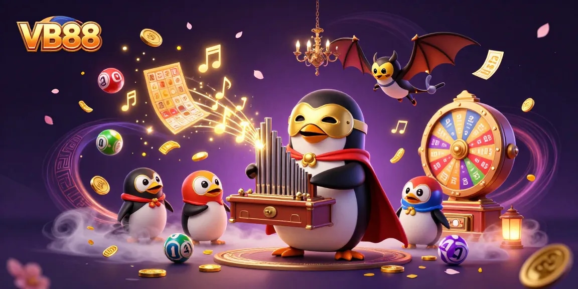VB88 penguin organist amidst lottery balls and golden tickets in a vibrant casino scene.