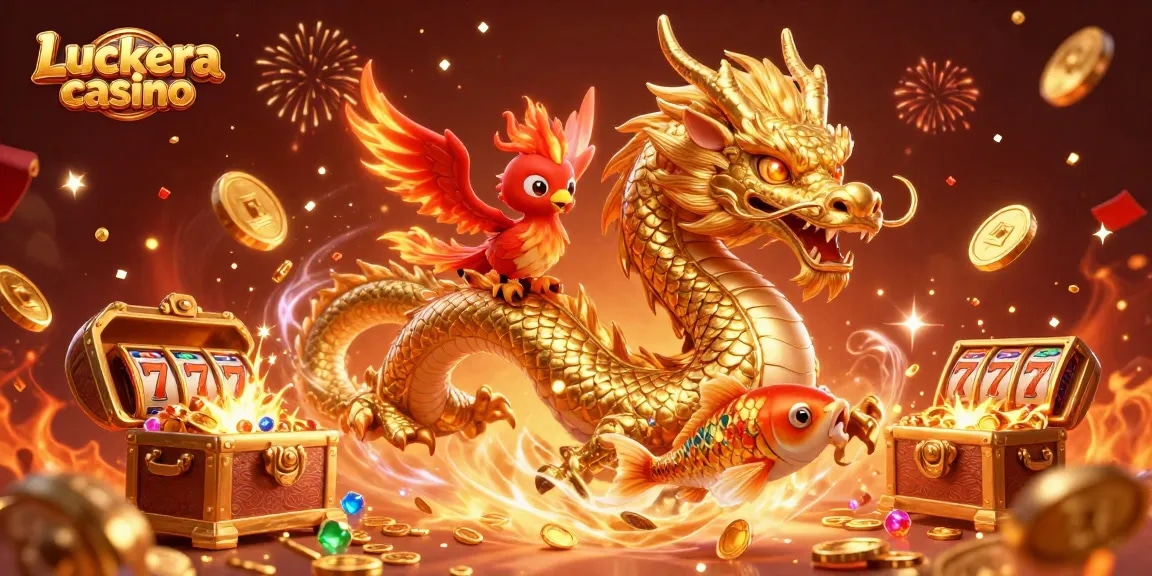 Engage with Luckera casino's vibrant scene featuring a dragon, phoenix, and koi fish amidst slot reels.