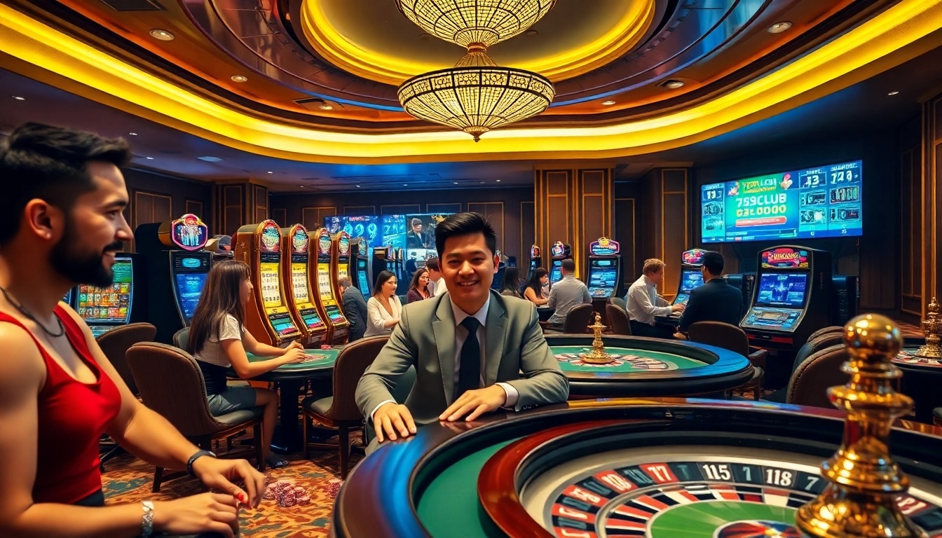 Play at 789CLUB in a luxurious casino atmosphere filled with vibrant slot machines and poker tables.