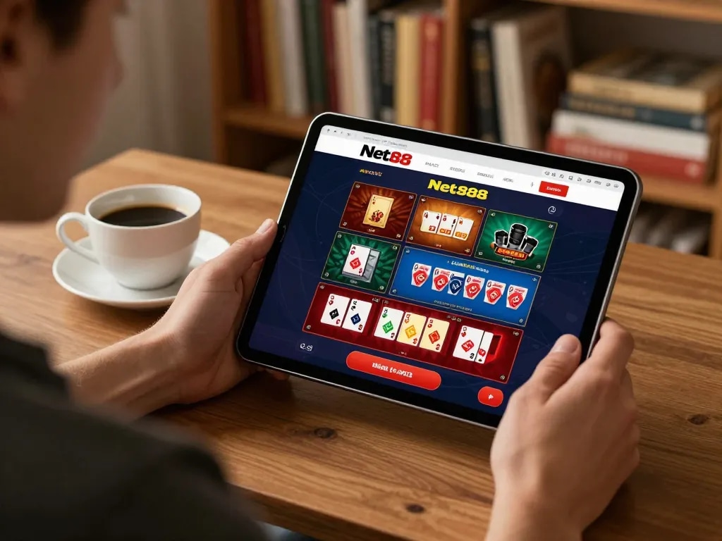 Engaged player exploring Net88 online casino games on a tablet in a cozy home setting.
