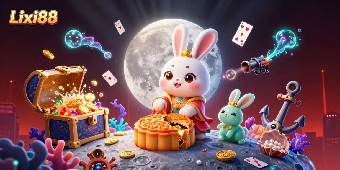 Lixi88 offers an immersive experience with a lunar rabbit scene, combining nature and gambling elements in a vibrant casino-themed illustration.
