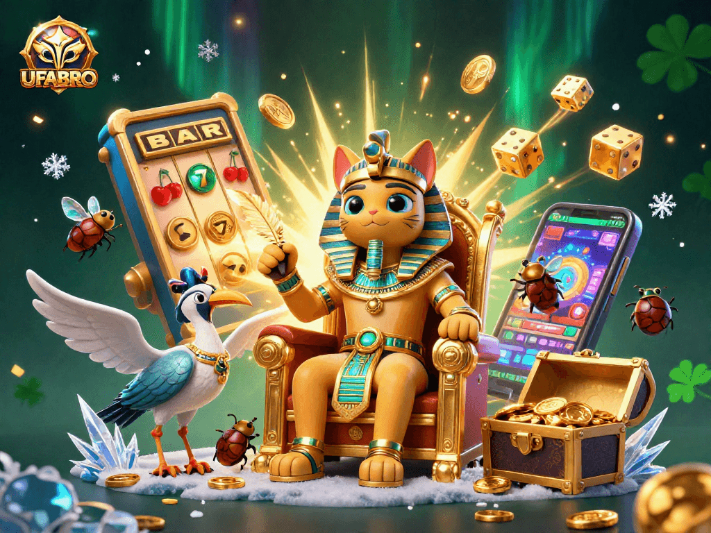 Engage with UFABRO's vibrant gambling universe with an Egyptian pharaoh cat and thrilling casino elements.