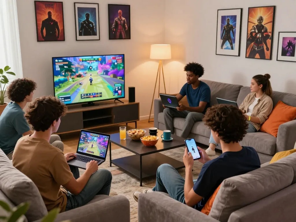 Engaged players enjoying diverse adult games on devices in a cozy living room.