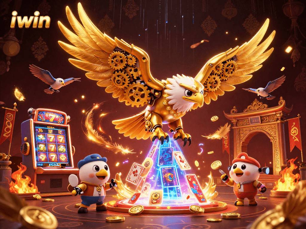 Iwin showcases an exhilarating gaming scene with a golden eagle and slot machine elements amidst flying cards.